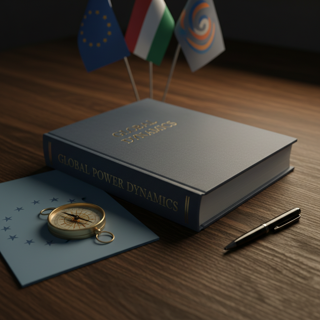 A thick, sober-looking hardcover book titled with a generic phrase about geopolitics, lying slightly askew on a dark oak table. Around it, discreetly arranged are small props: a classic brass compass, a muted blue EU-style folder, and a simple black ballpoint pen. In the background, three out-of-focus flags—one European, one Hungarian-colored, and one abstractly patterned—stand on miniature flagpoles, hinting at international context without explicit symbols. Warm, directional lamplight from the right creates a pool of illumination and gentle vignetting at the edges. Photographic realism with a low, three-quarter angle and balanced composition, conveying a thoughtful, serious, yet accessible atmosphere.
