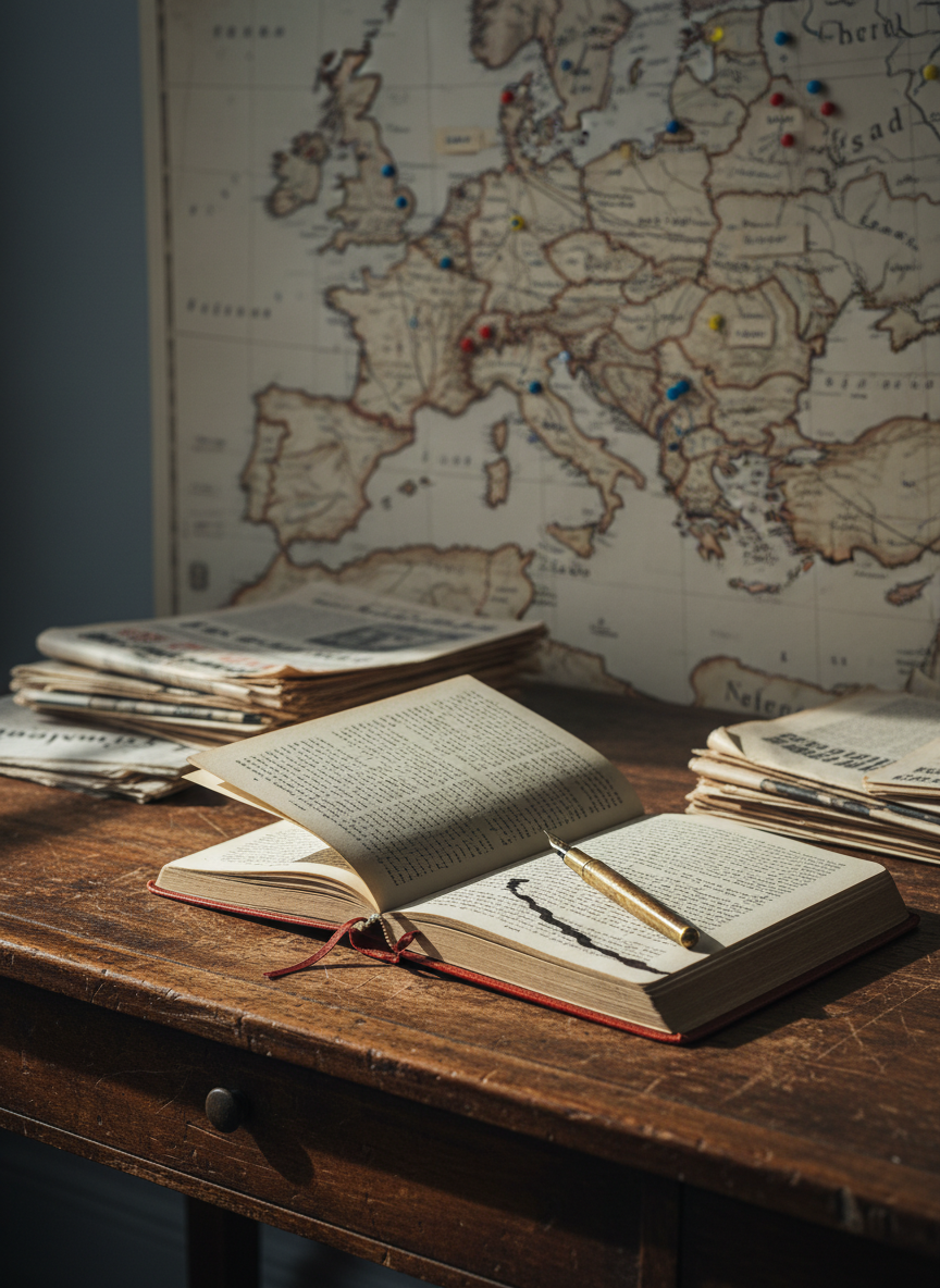 A heavy, well-worn wooden desk covered with neatly stacked newspapers, an open leather-bound notebook filled with dense handwriting, and a vintage metal fountain pen resting diagonally across a page. Behind the desk, a large wall map of Europe dominates the background, dotted with small colored pins and handwritten notes. Soft, cool daylight filters through an unseen window to the left, casting precise shadows and gentle highlights on the paper textures and polished wood grain. Photographic realism, shot at eye level with a slightly shallow depth of field, keeps the desk in crisp focus while the map blurs subtly, creating a calm, analytical mood suitable for a professional political analysis blog.